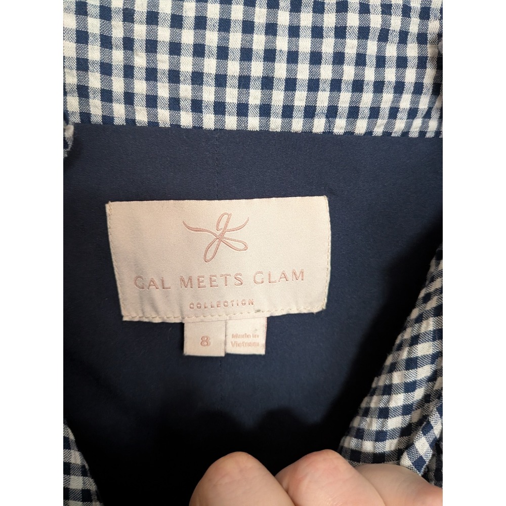 Gal Meets Glam Carly Navy Blue White Gingham Belted Dress Size 8 - Picture 4 of 8